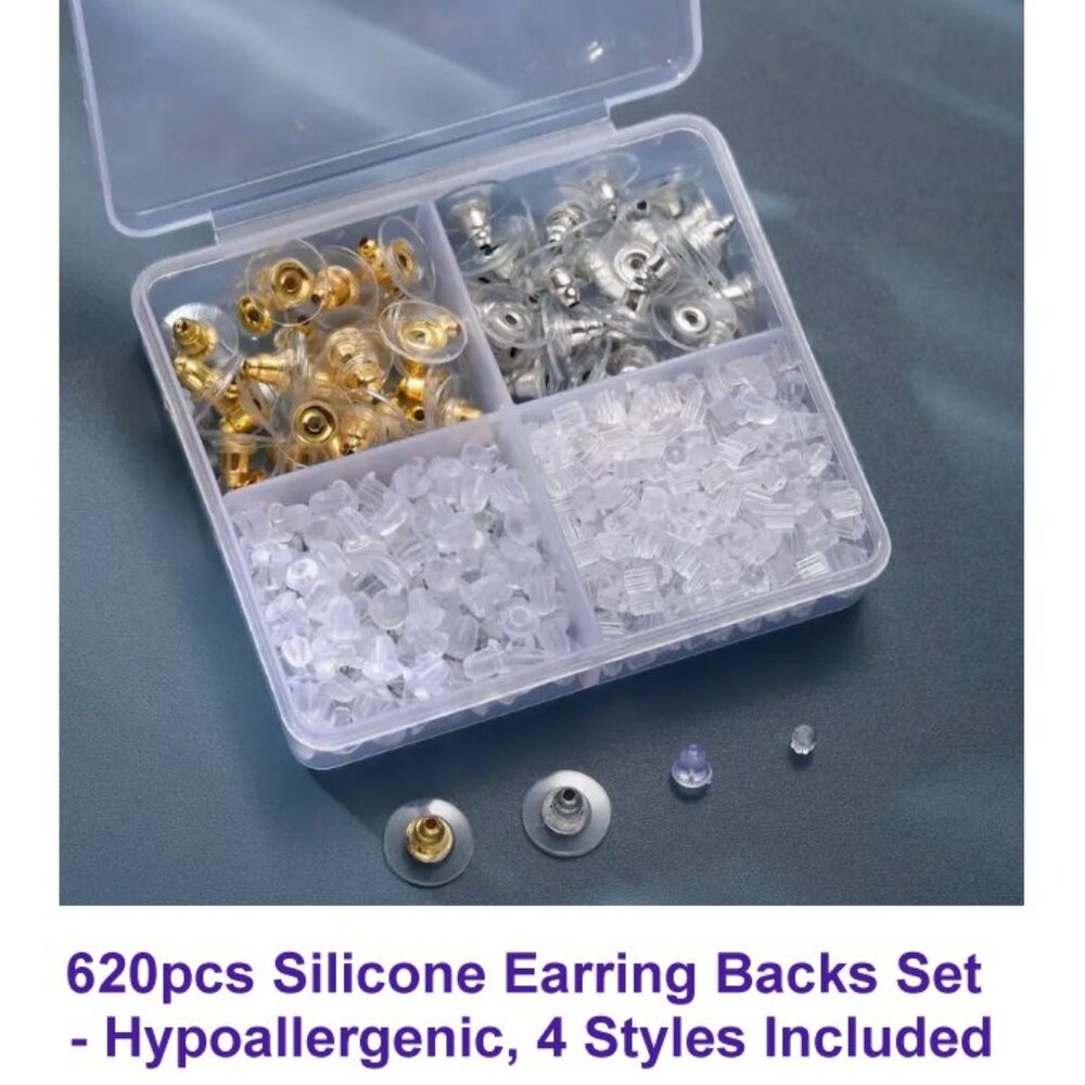 620pcs Silicone Earring Backs Set - Hypoallergenic, 4 Styles included